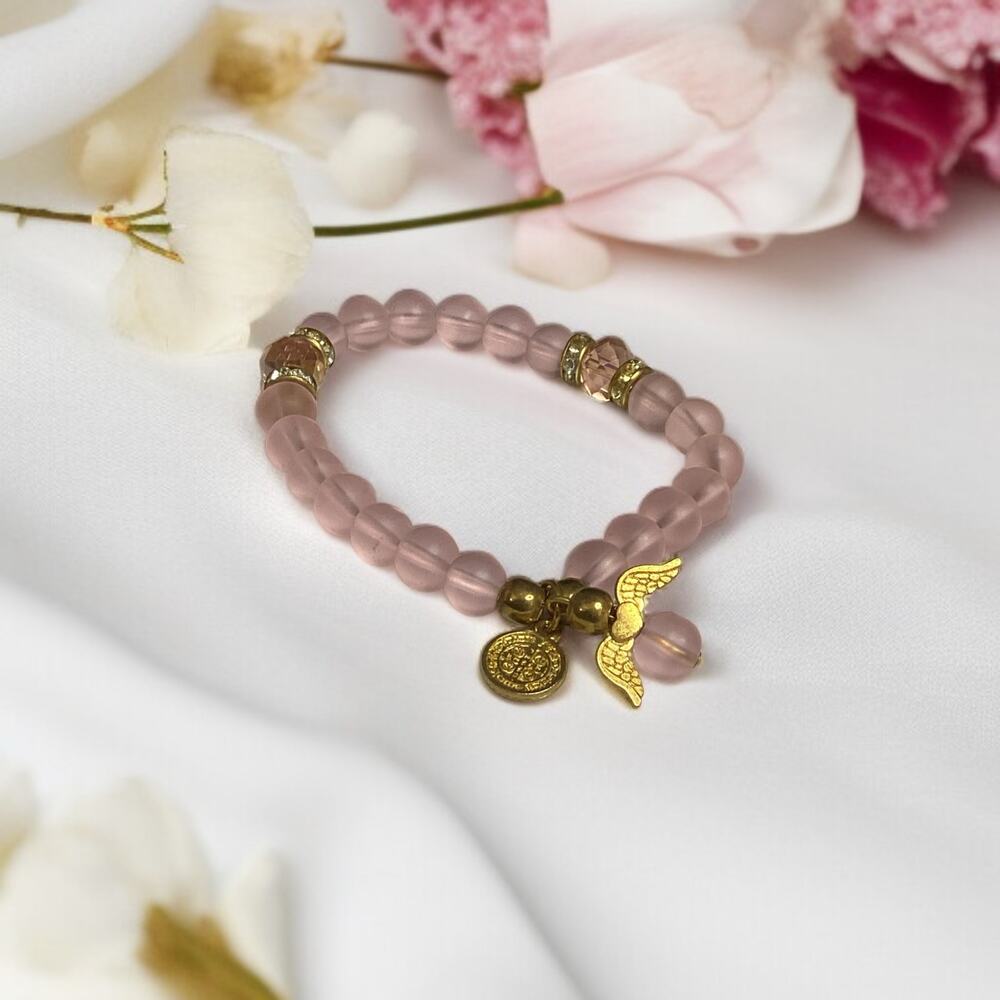 Rose Quartz Bracelet, Angel Charm Beaded Bracelet of Love and Healing Energy